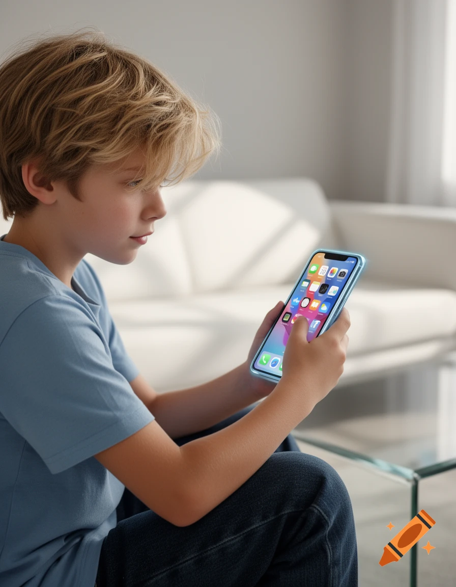 A young boy with blonde hair sits indoors, looking intently at a light blue smartphone he holds in both hands, tapping the screen.