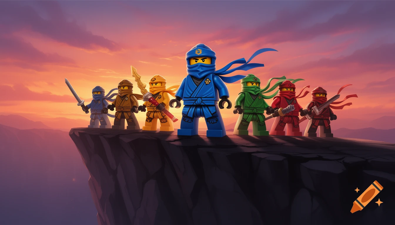 Lego Ninjago ninjas stand on a cliff overlooking a vibrant sunset landscape, digital art.