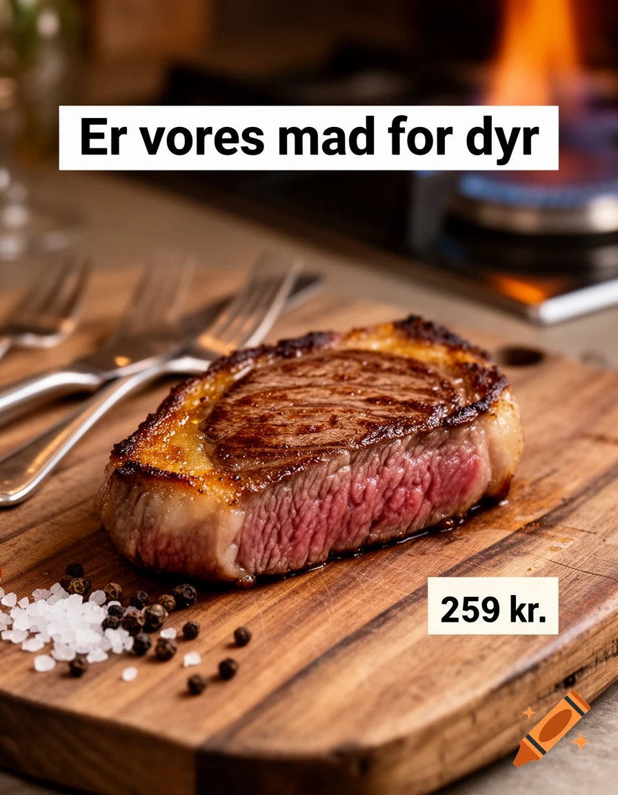 A juicy, cooked steak on a wooden board with salt, pepper, and text overlay 'Er vores mad for dyr' and '259 kr.'.