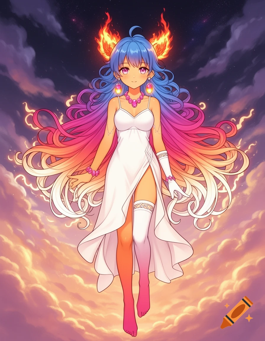 Anime girl with long rainbow hair and flaming ears, in a white dress with a high slit, floating above sunset clouds.