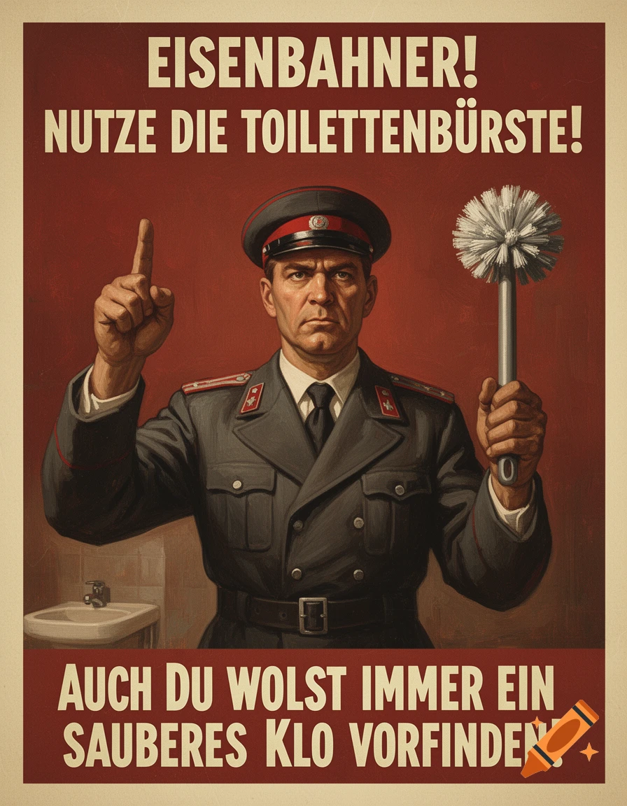A socialist-realism propaganda poster of a stern man in a railway uniform holding a toilet brush, with German text urging railway workers to use toilet brushes.