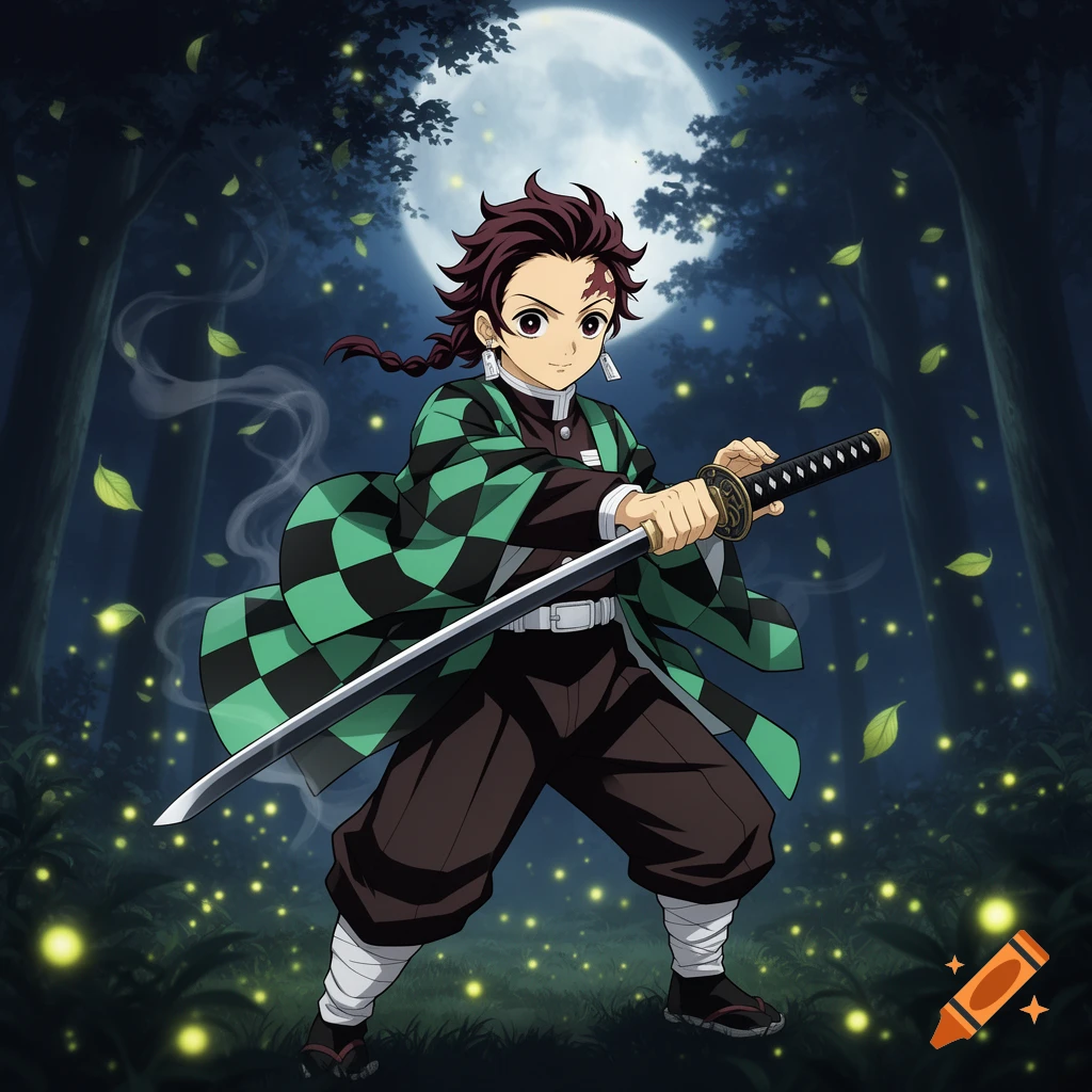 Anime character Tanjiro in a green and black checkered haori holds a katana in a dark, moonlit forest with glowing leaves.