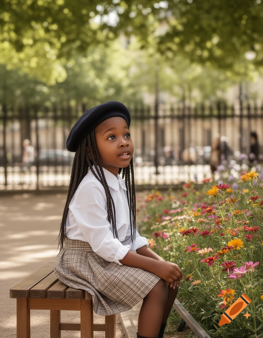 A young Black girl with long braids, wearing a beret and school uniform, sits on a park bench by a flower bed, looking up.
