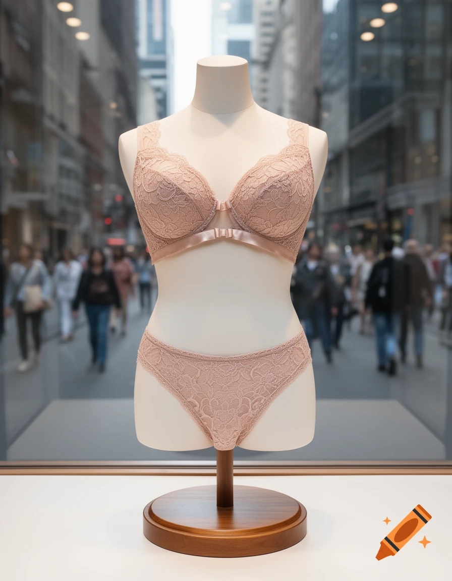 A pink lace bra and panty set displayed on a mannequin in a store window, with a blurred city street in the background.