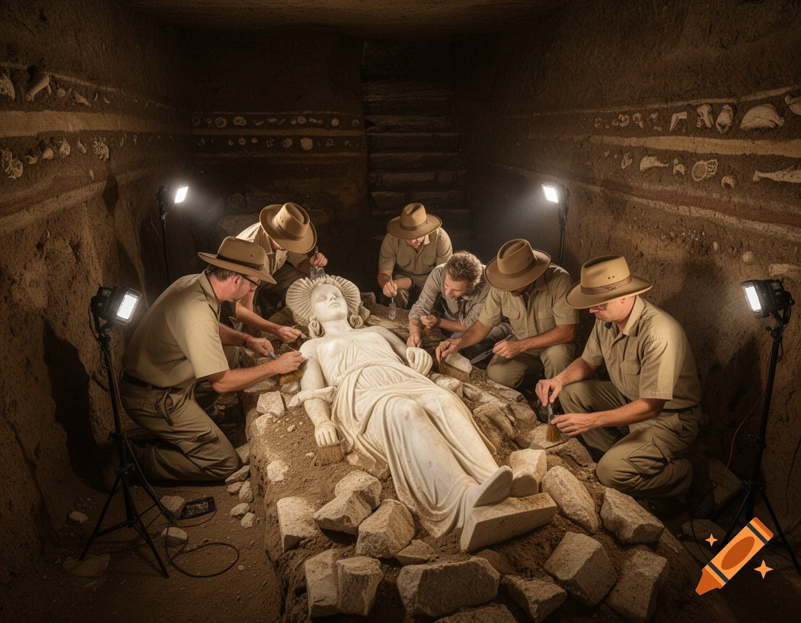 Photorealistic image of archaeologists carefully excavating a white statue in an underground tomb illuminated by bright lights.