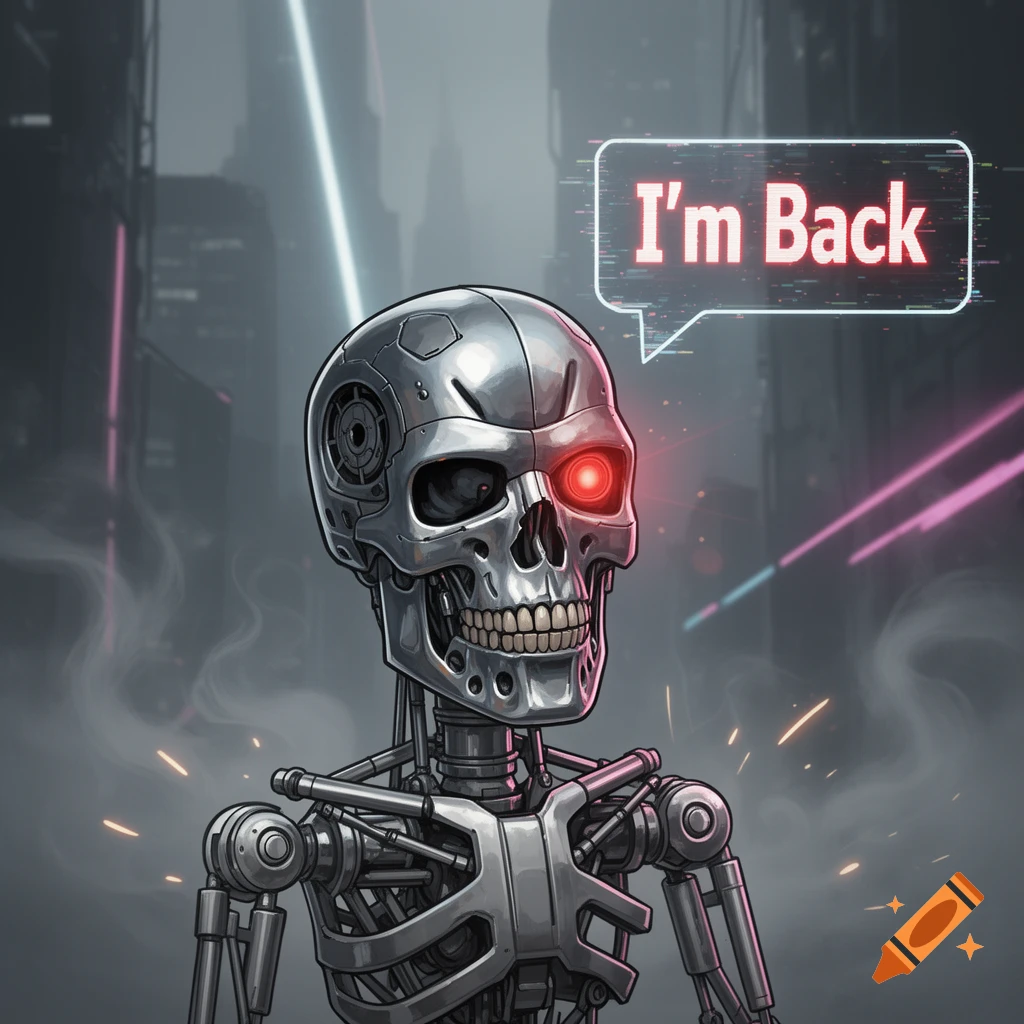 A silver Terminator-like skeleton with a glowing red eye stands in a futuristic city, saying "I'm Back" in a speech bubble.