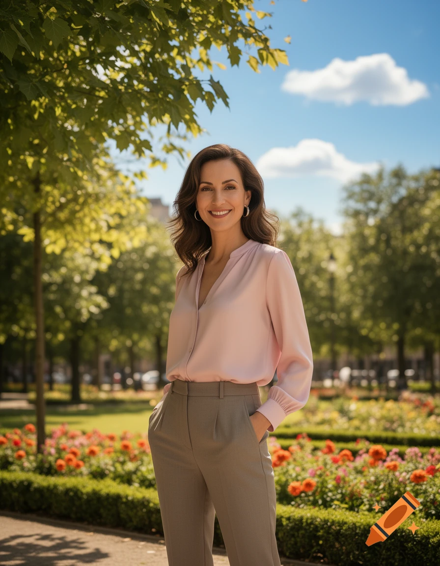 A smiling woman with dark hair in a pink blouse and grey pants stands in a sunny park with trees and flowers.