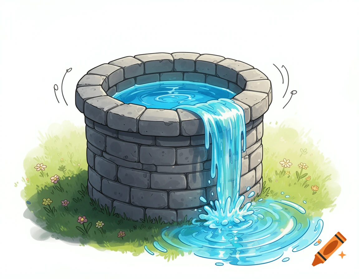 A cartoon grey stone well overflowing with blue water onto green grass, with flowers in the background.