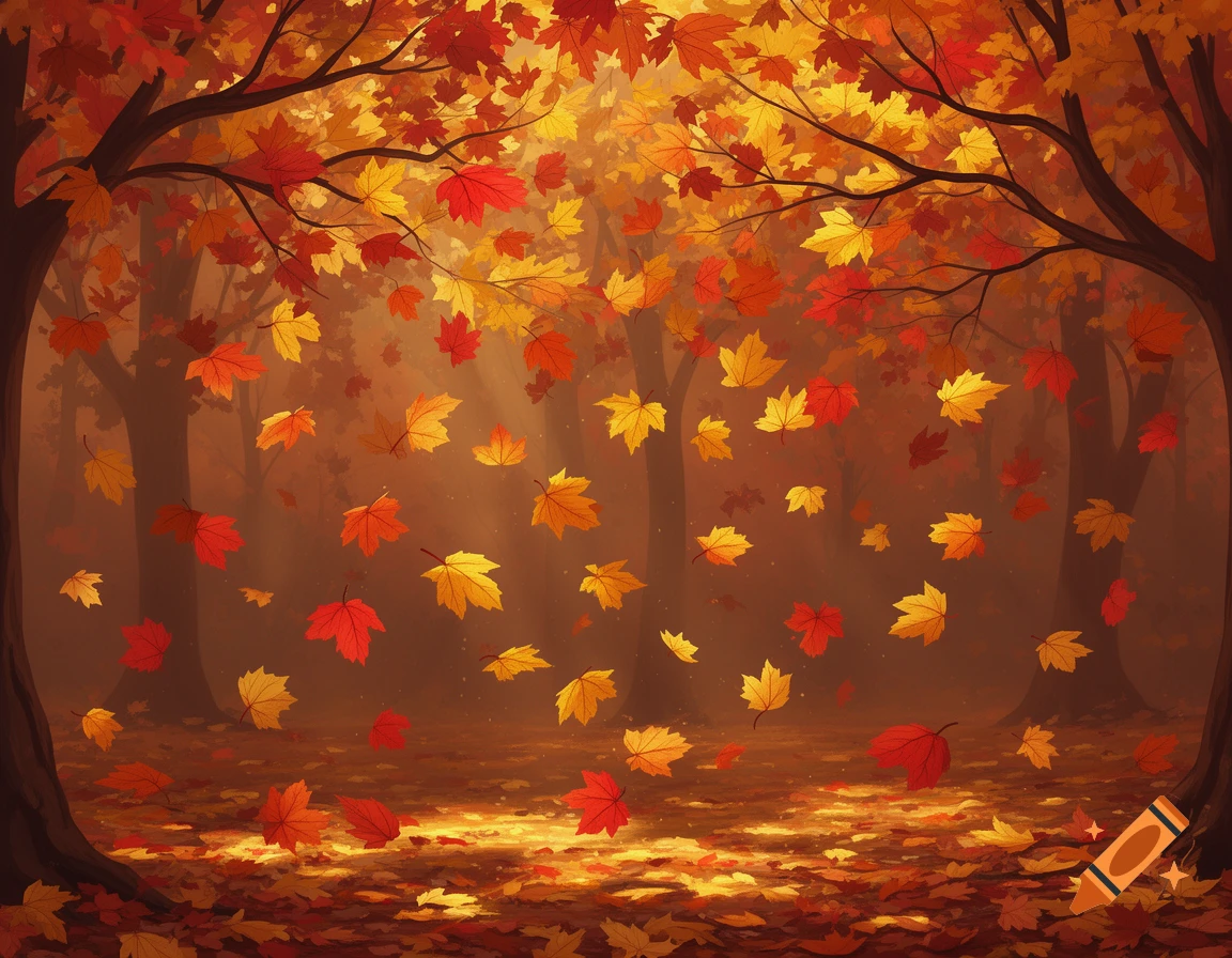 A vibrant autumn forest scene with golden and red leaves falling from trees and scattered on the forest floor, with rays of light shining through.
