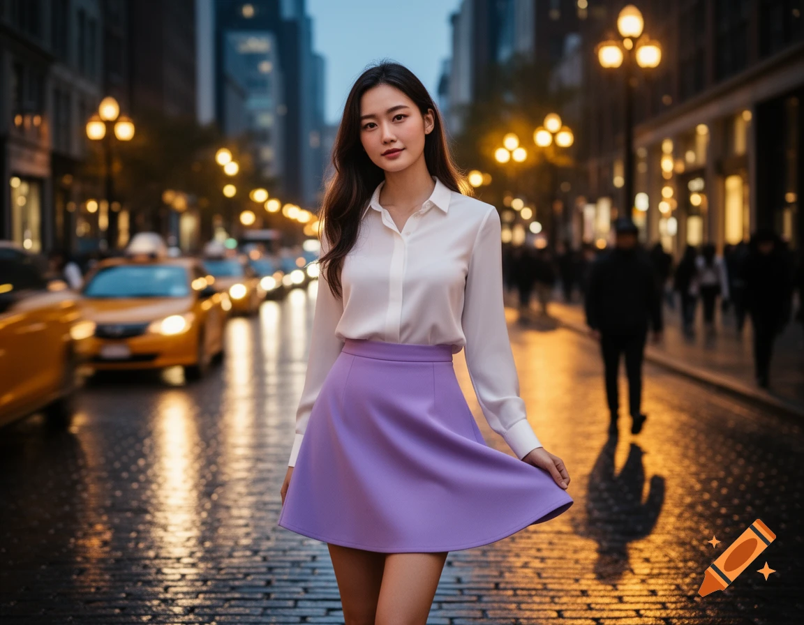 A young woman in a white shirt and lavender mini skirt stands on a wet city street at dusk, with yellow taxis and streetlights blurred in the background.