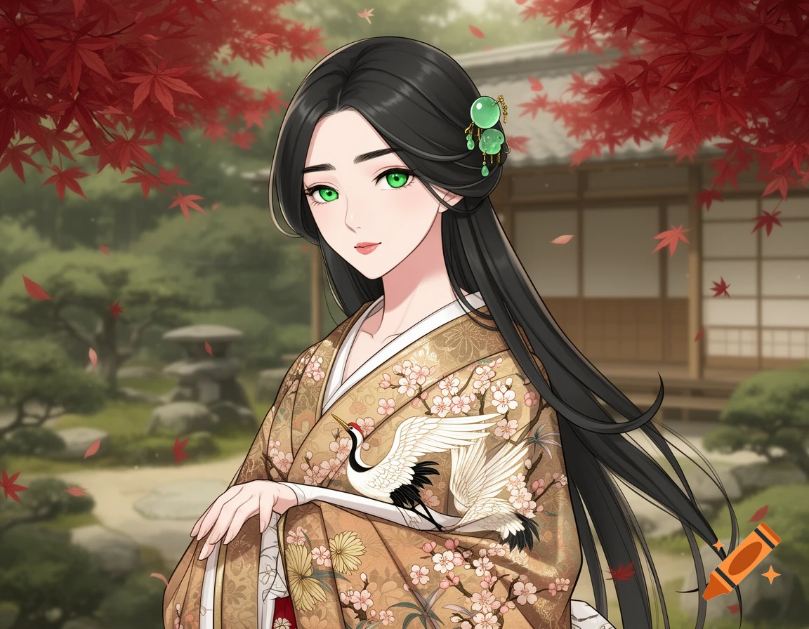 Anime portrait of a woman with green eyes, long dark hair, and a kimono featuring cranes, in a Japanese garden with red maple leaves.