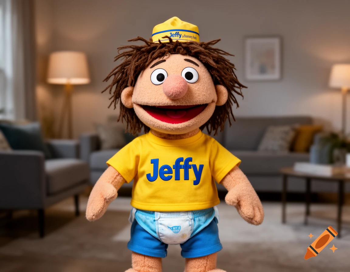A photorealistic image of the Jeffy puppet, wearing a yellow t-shirt, blue shorts, and a yellow hat, standing in a living room.