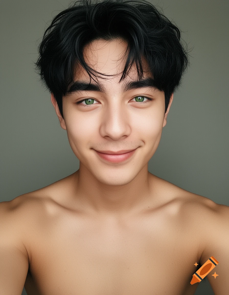 Photorealistic portrait of a young man with black hair and striking green eyes, smiling subtly, shirtless against a gray background.