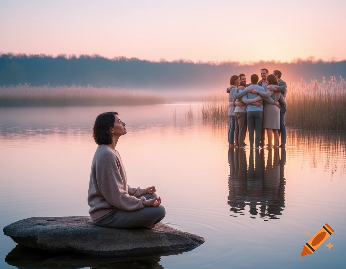 A woman meditates on a rock in a serene lake at sunrise, while a group of people hug in the water nearby, photorealistic.
