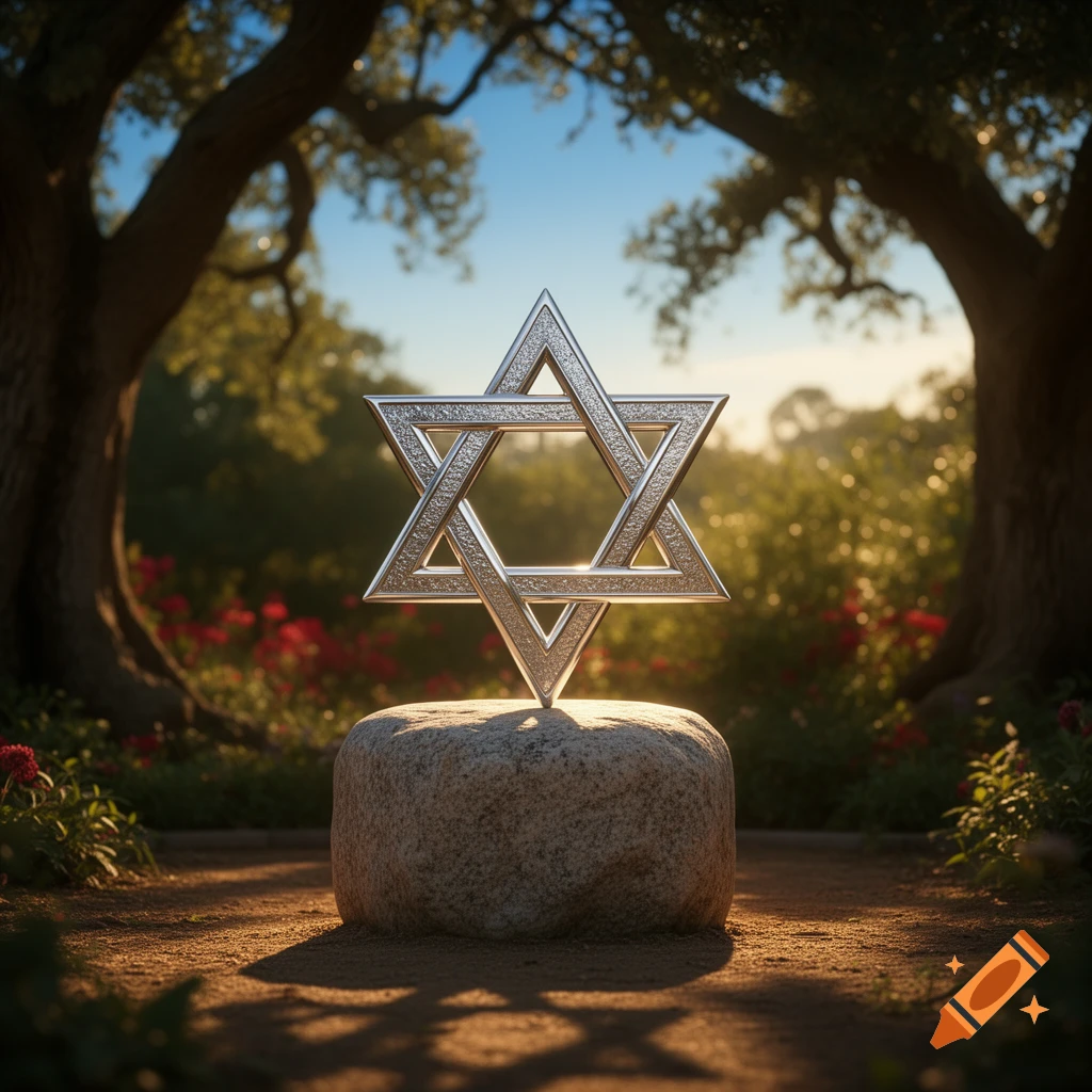 A metallic Star of David rests on a rough rock in a sun-dappled outdoor setting with trees and red flowers.