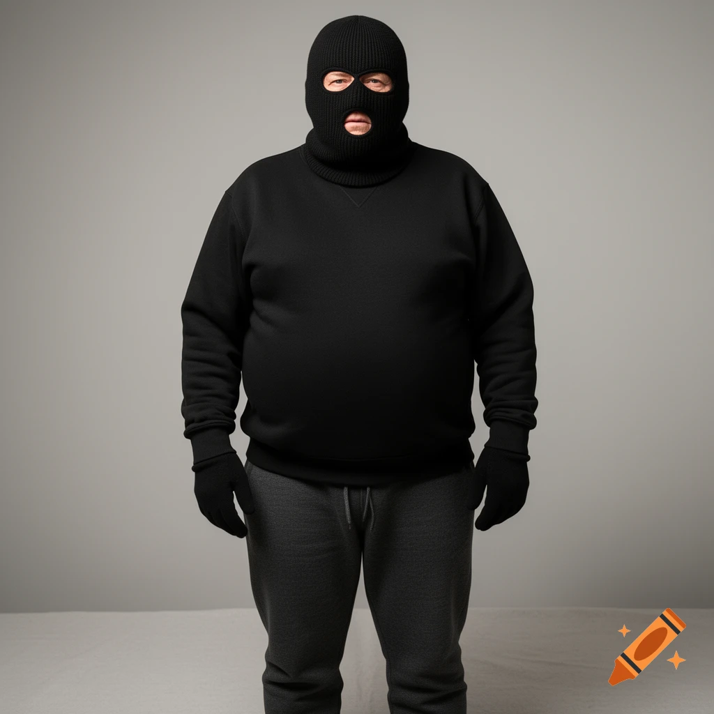 An older, slightly overweight white man wears a black knit ski mask, black sweatshirt, black gloves, and dark grey sweatpants, standing against a grey background.