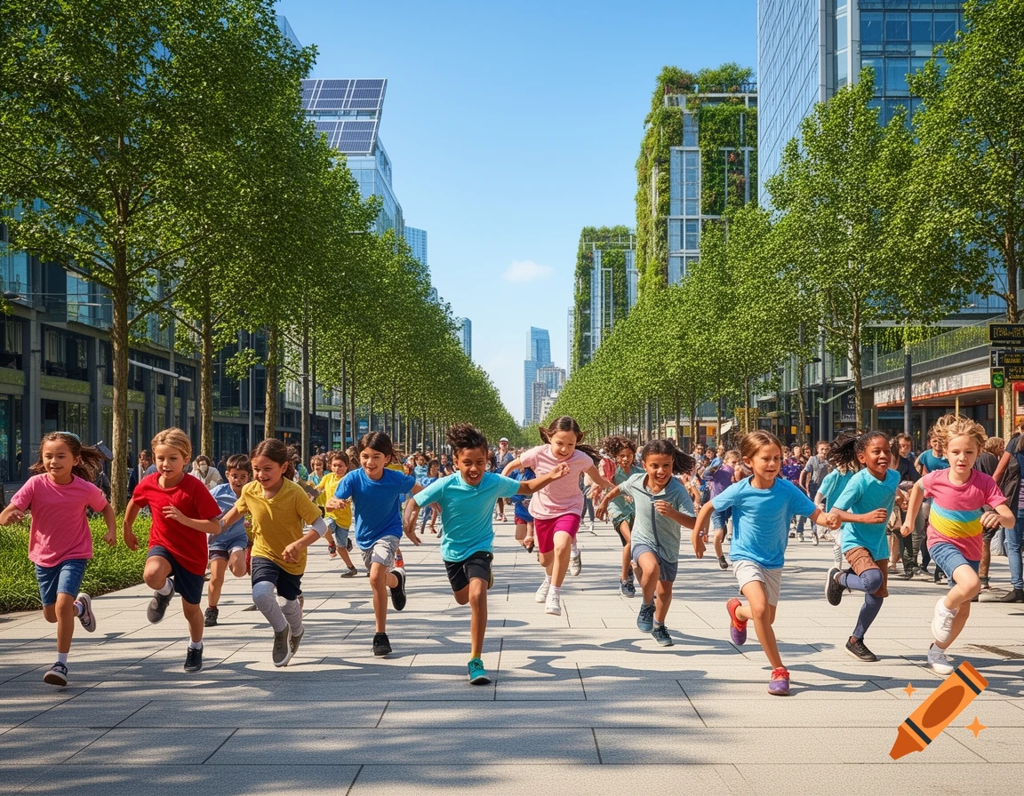 A diverse group of children sprint down a modern city street lined with trees and buildings, some with green facades and solar panels, under a clear sky.
