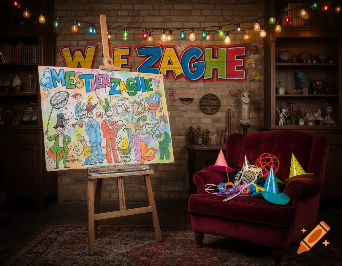 A colorful cartoon painting on an easel featuring whimsical characters in absurd professions, in a room with a red armchair and party decorations, and string lights. Text "W ZAGHE" is on the brick wall.