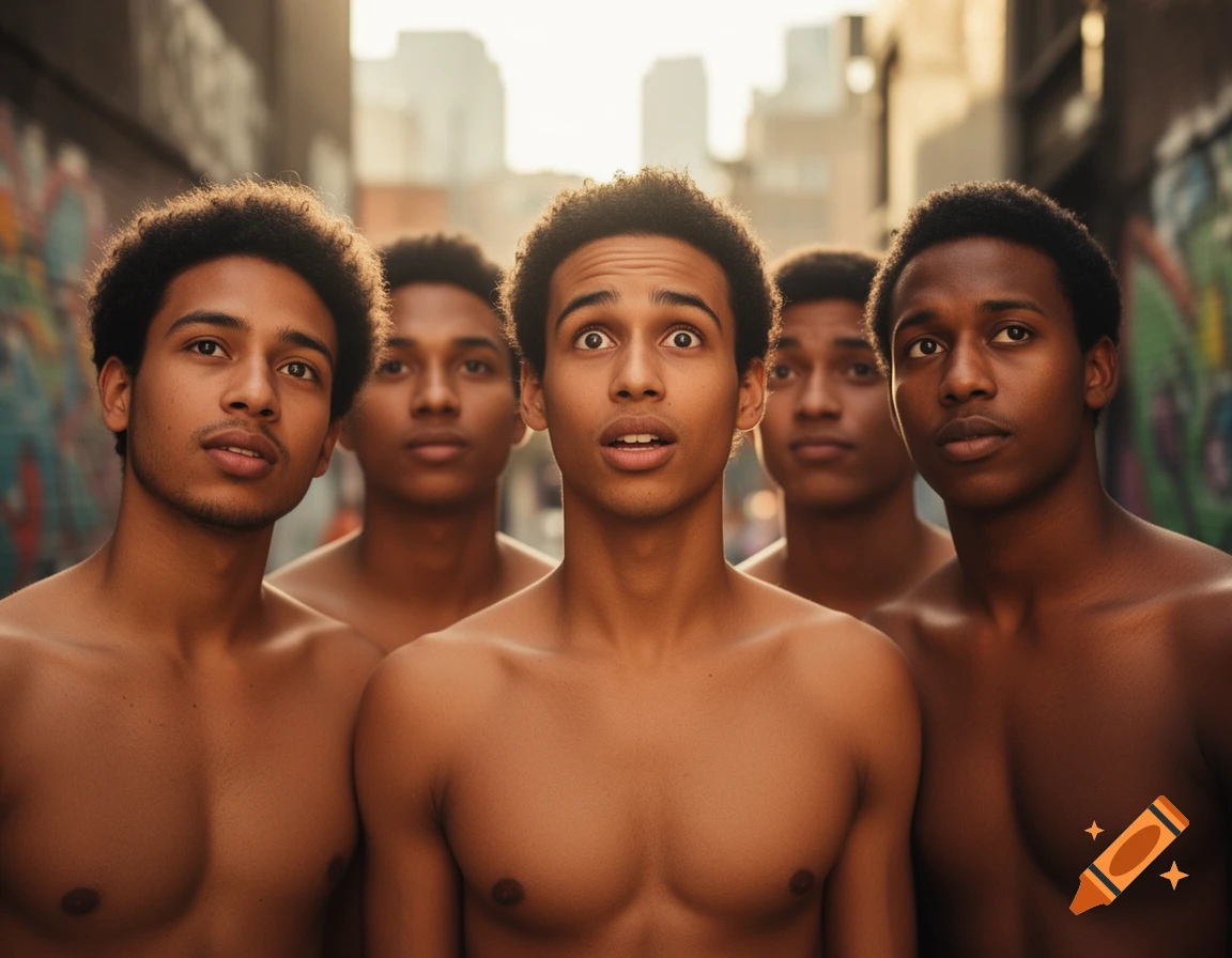 Photorealistic portrait of five shirtless young men with dark hair in an urban alley, one with a surprised expression.