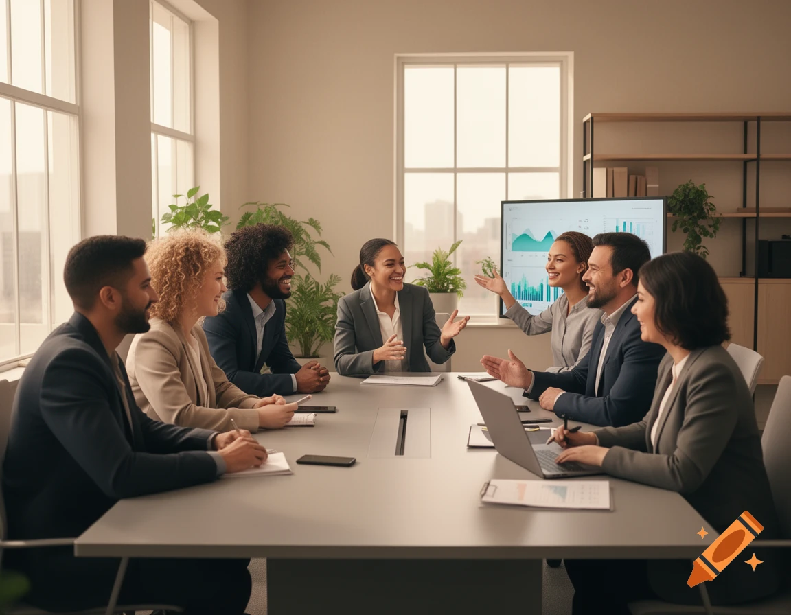 Diverse group of colleagues smiling and collaborating around a large table in a modern office conference room, with a screen showing charts.
