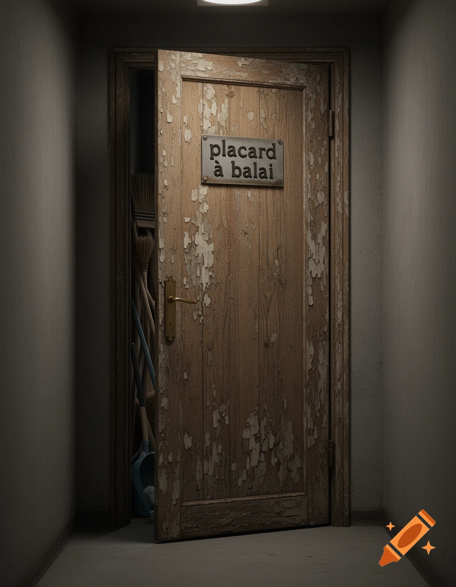 A dimly lit, photorealistic old wooden door with peeling paint, a 'placard à balai' sign, slightly open to a broom closet.