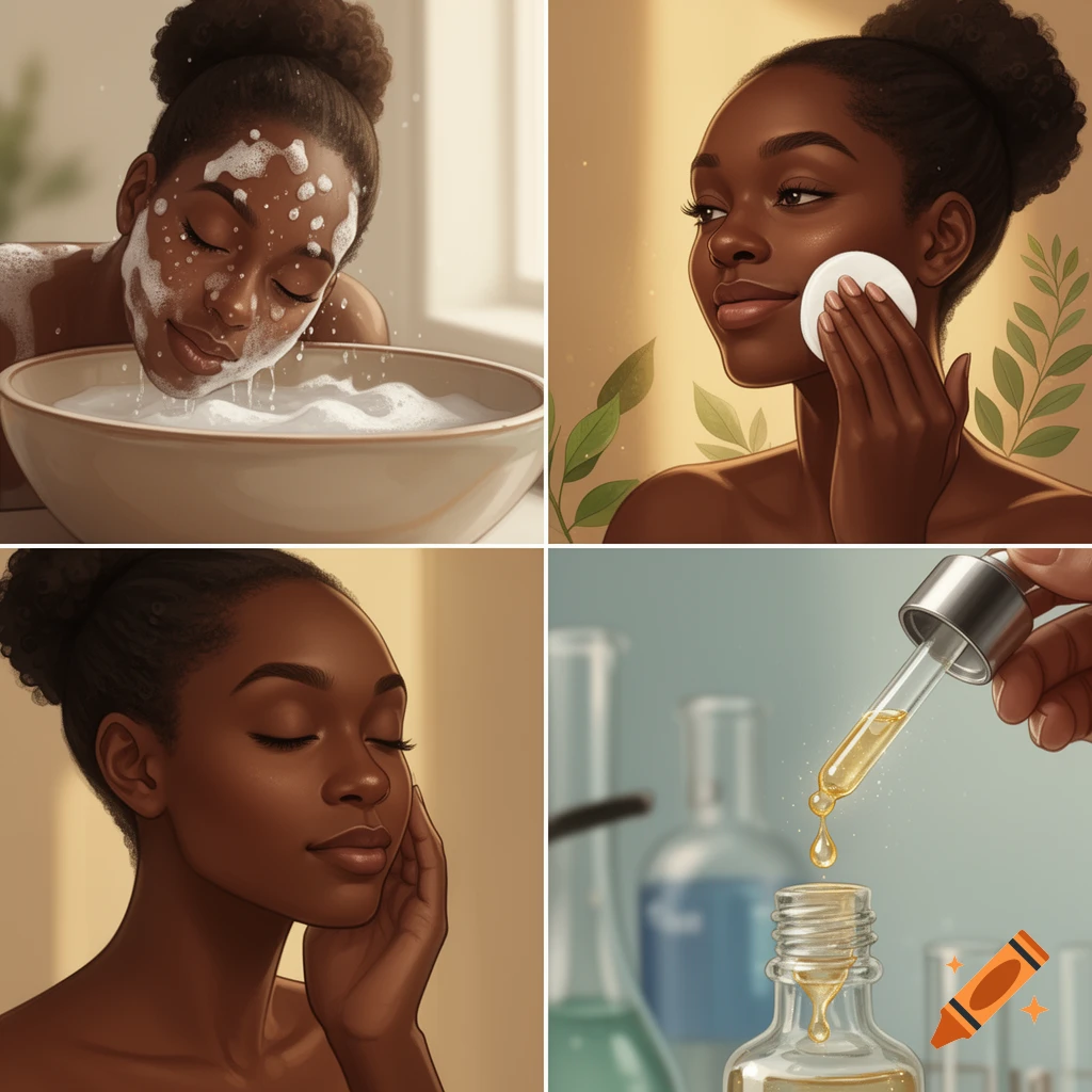 Illustration of an African American woman's 4-step skincare routine: washing, toning, and applying serum.
