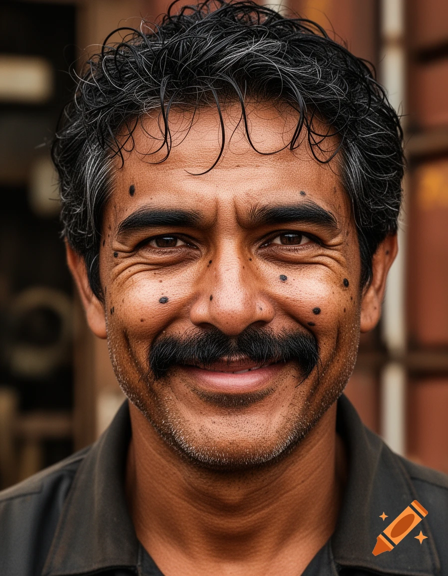 Close-up photorealistic portrait of a smiling middle-aged man with a thick mustache, dark hair with grey streaks, and beauty marks.