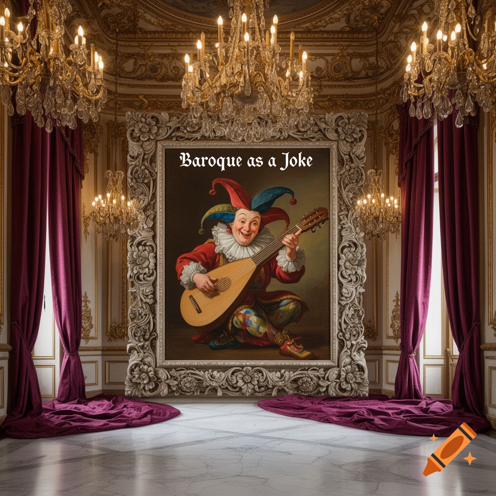 A painting of a laughing jester playing a lute, with "Baroque as a Joke" text, displayed in a lavish baroque room.