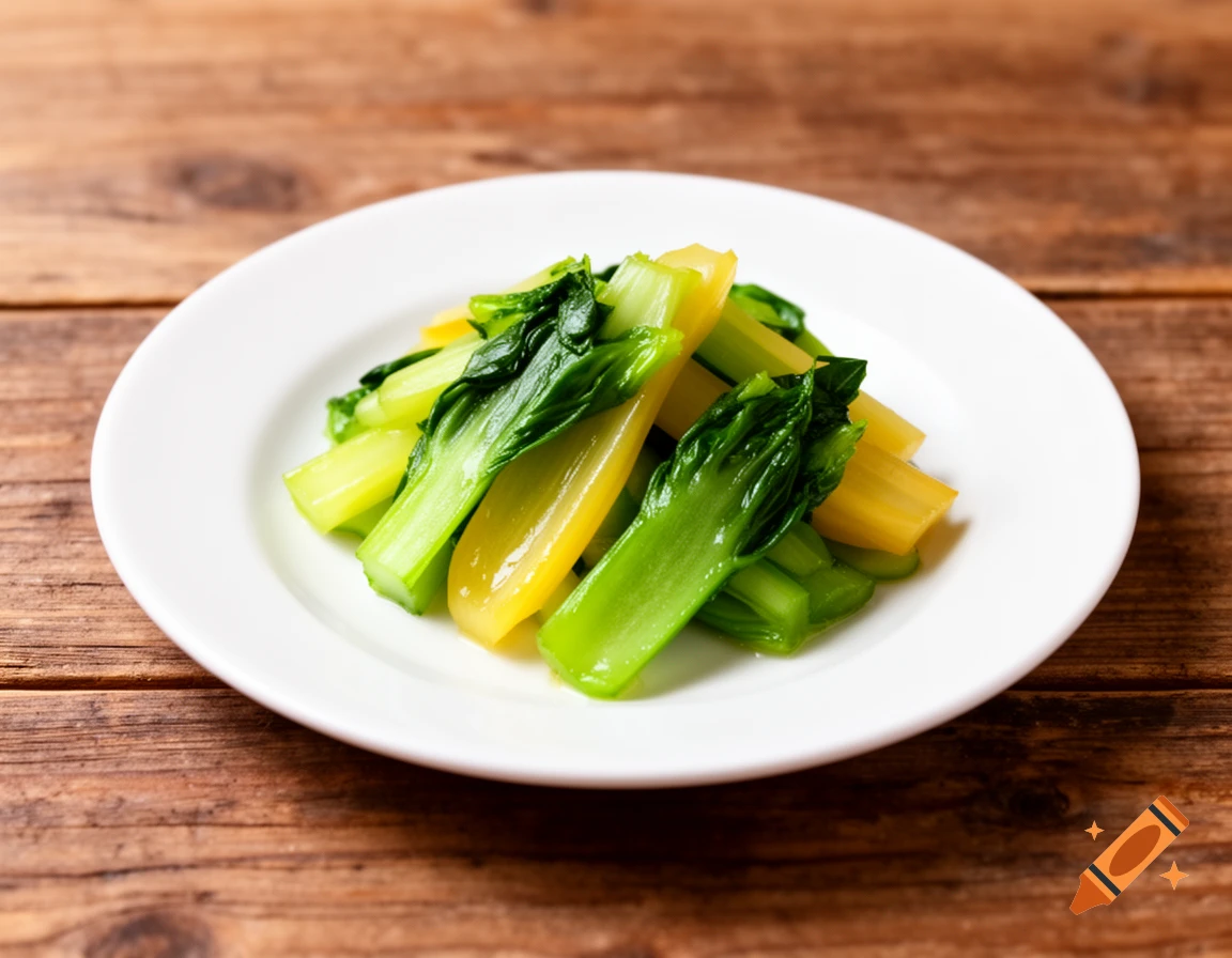 A white plate holds a serving of bright green, cooked bok choy on a rustic wooden table.