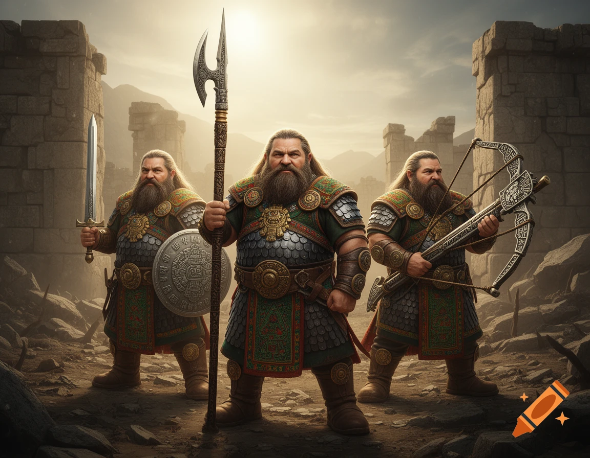 Three burly dwarven warriors in detailed armor, holding a halberd, sword and shield, and a crossbow, stand amidst ancient ruins.