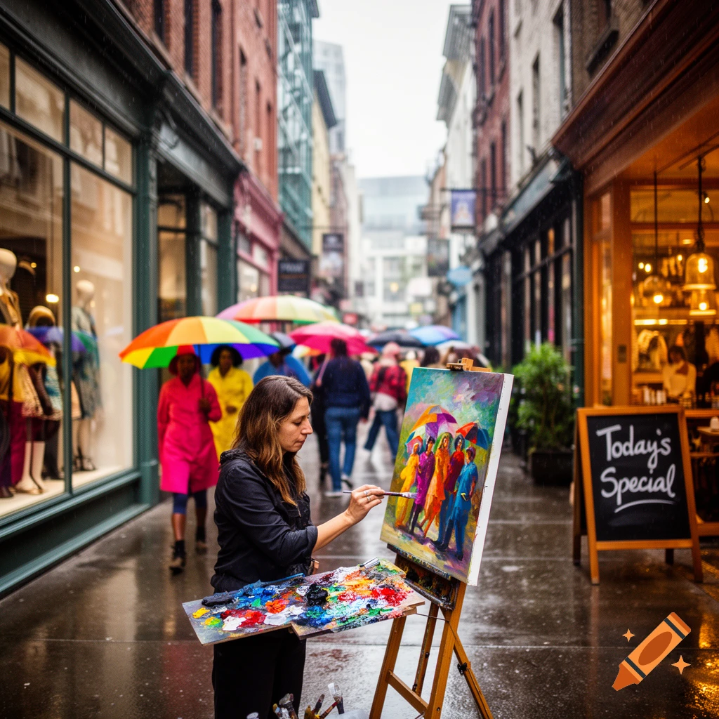 A woman in a black shirt paints a vibrant artwork of people with umbrellas on an easel on a rainy city street.