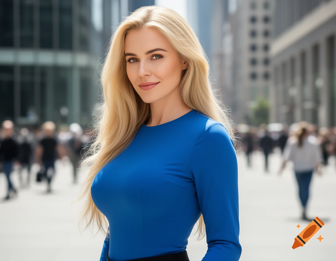 A smiling blonde woman in a blue top stands on a city street with blurred buildings and people, photorealistic.