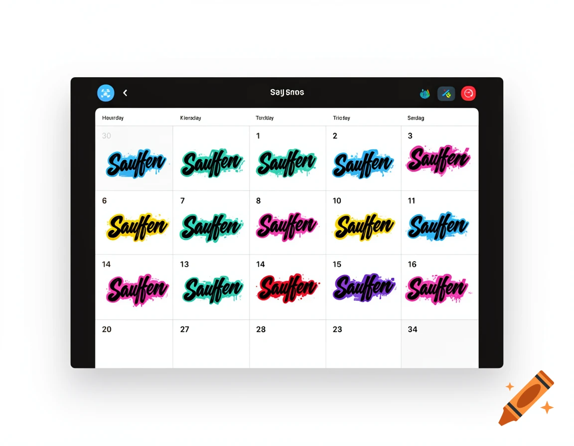 A digital calendar app displaying a month with "Saufen" written as the entry for each day. The app has a dark interface with colorful text.