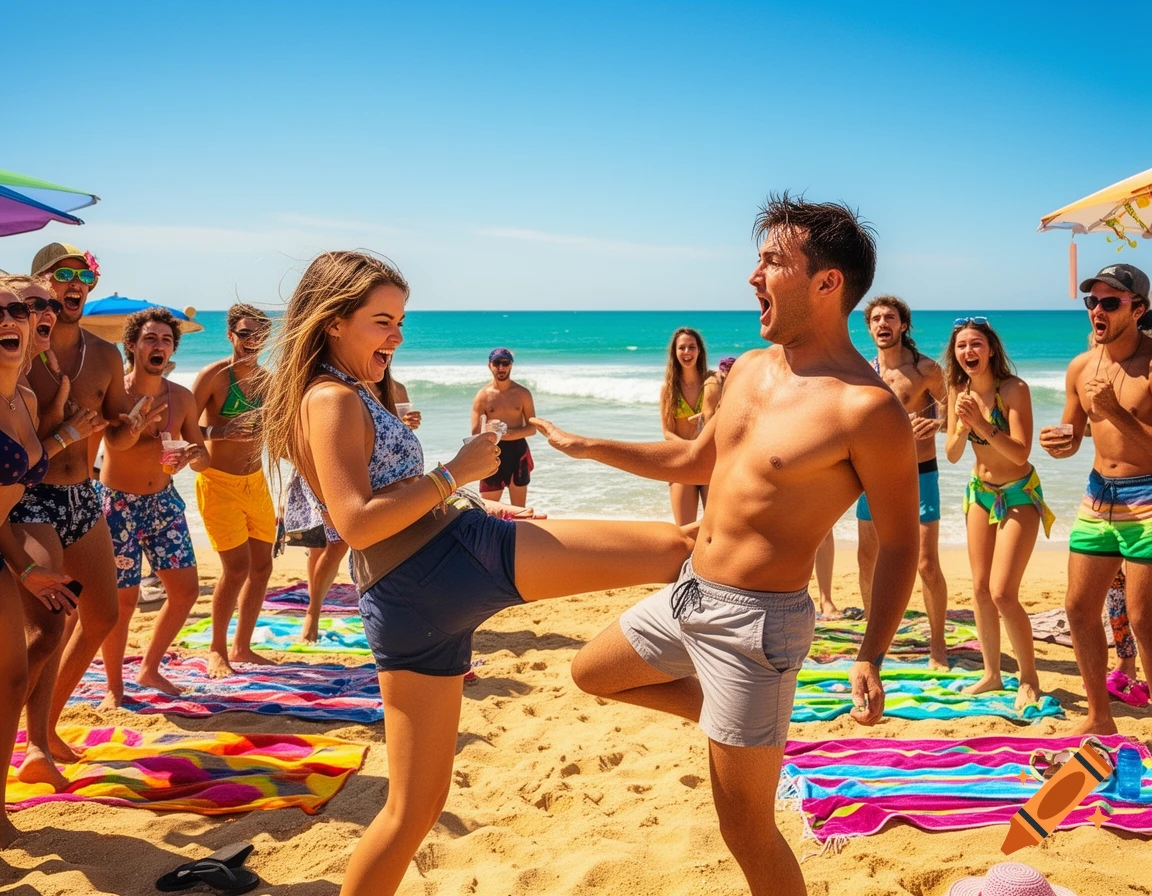 A smiling young woman playfully knees a man in the groin at a sunny beach party, surrounded by laughing friends.