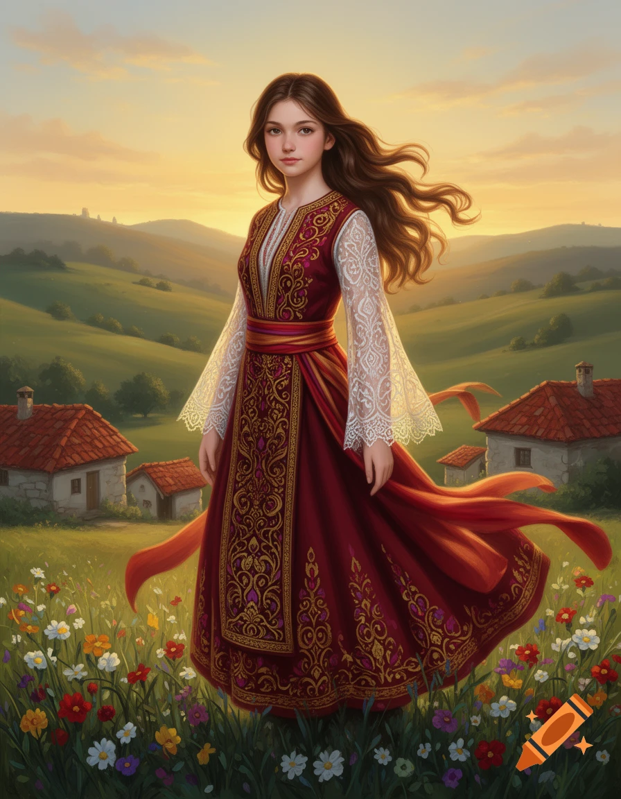 A young woman in a richly embroidered red and gold traditional Albanian dress with white lace sleeves stands in a field of wildflowers at sunset, with rural houses in the background.