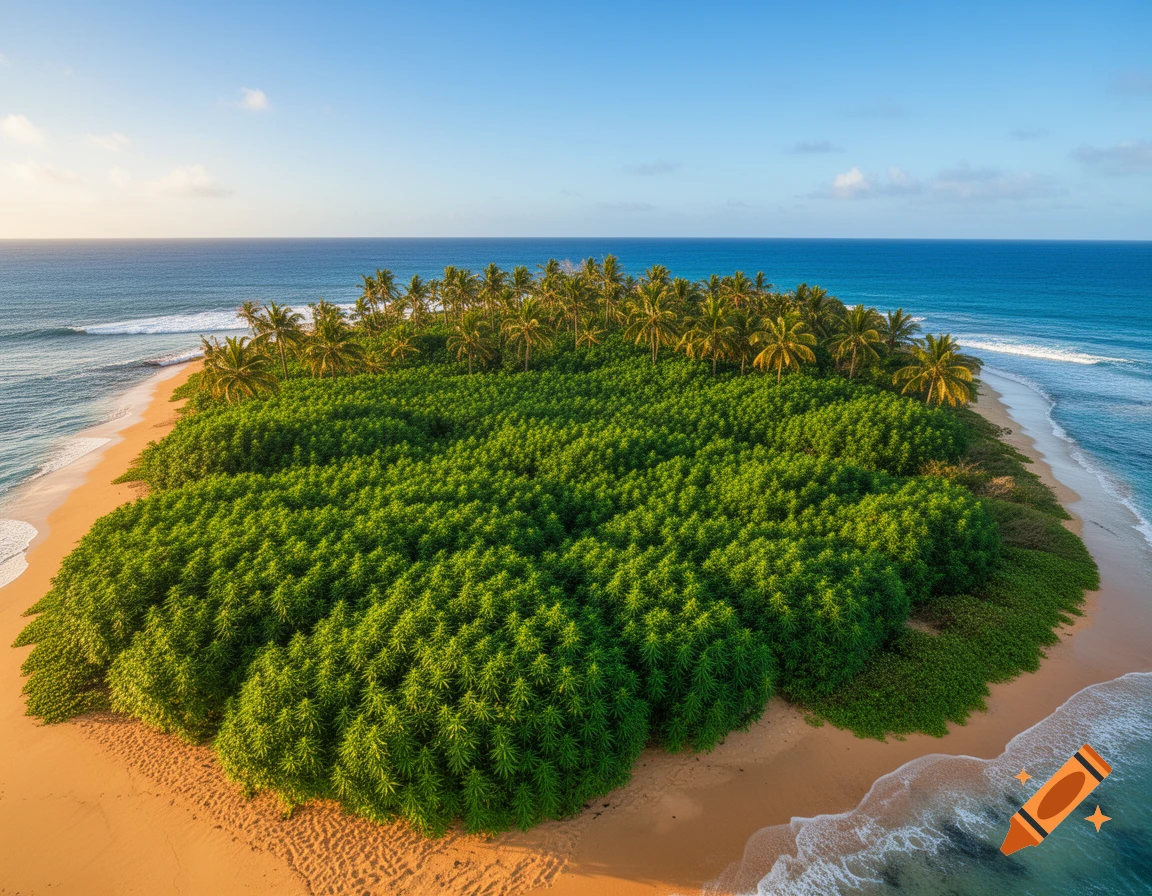 Aerial view of a tropical island with a sandy beach, clear blue ocean, and lush green vegetation under a bright sky.