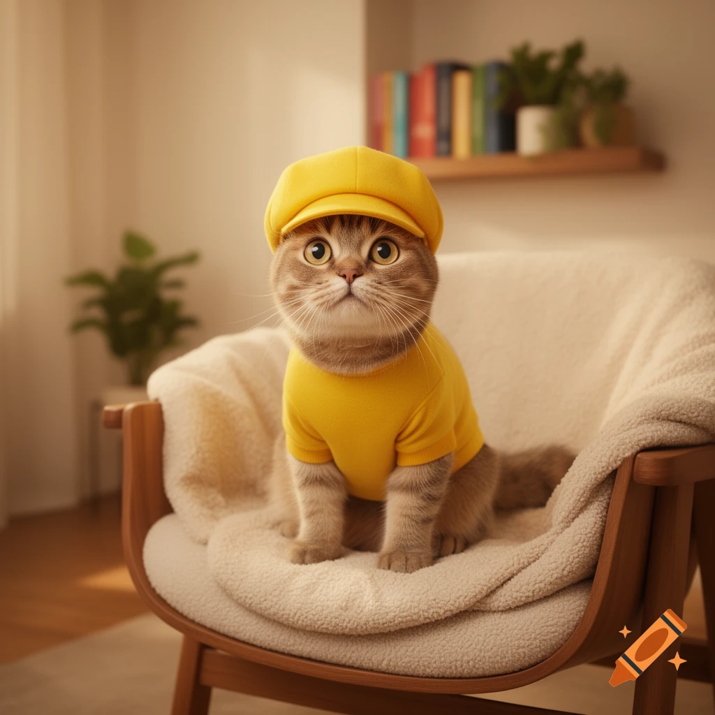 A photorealistic cat wearing a yellow hat and shirt sits on a comfy armchair in a cozy room.
