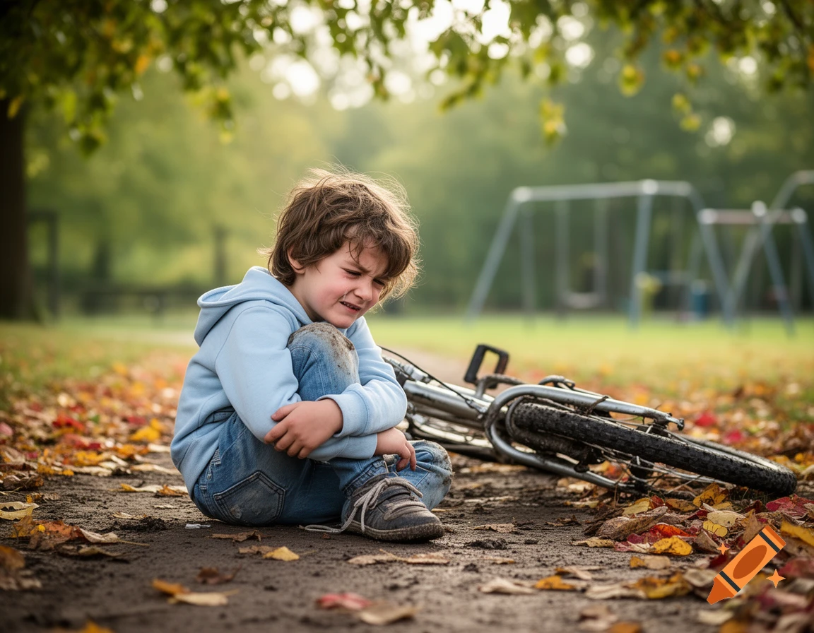 A young boy sits on a dirt path with a fallen bicycle beside him, crying amidst autumn leaves in a park.