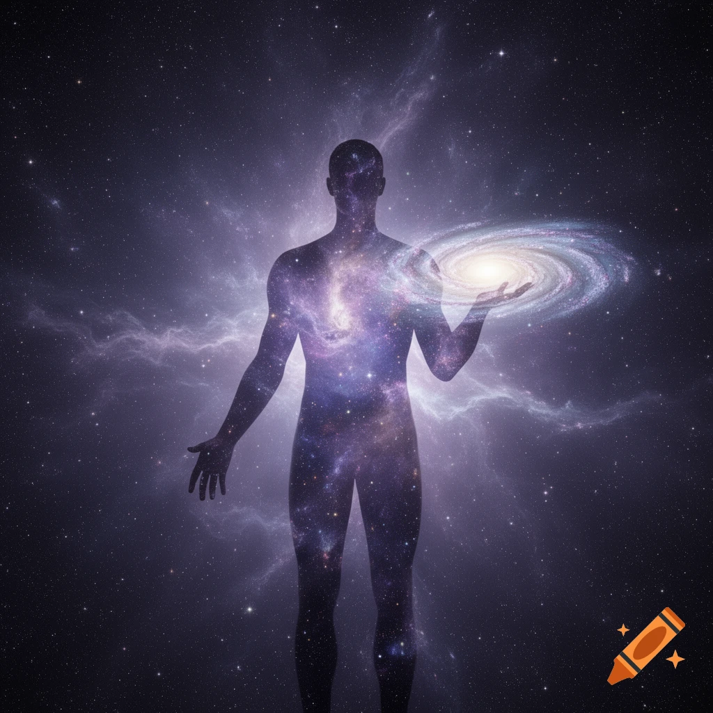 A cosmic silhouette of a person, filled with nebulae and stars, holding a glowing spiral galaxy in their hand against a starry background.