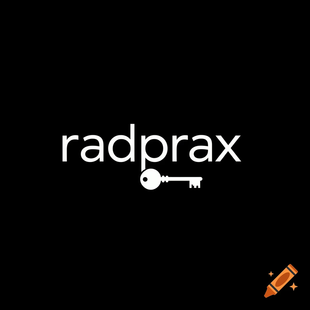 White 'radprax' text above a small key icon on a black background.