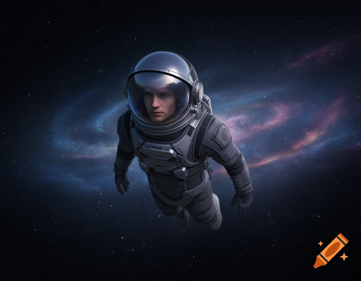A realistic depiction of an astronaut in a grey spacesuit floating in deep space, with nebulae and stars in the background.