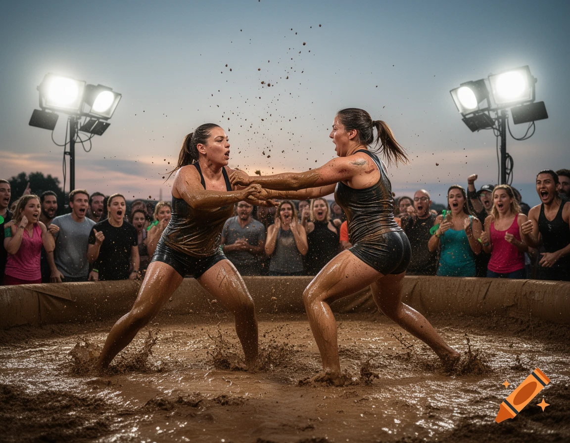 Two women mud wrestle in a pit, splashing mud while a cheering crowd watches under bright lights at dusk. Photorealistic.
