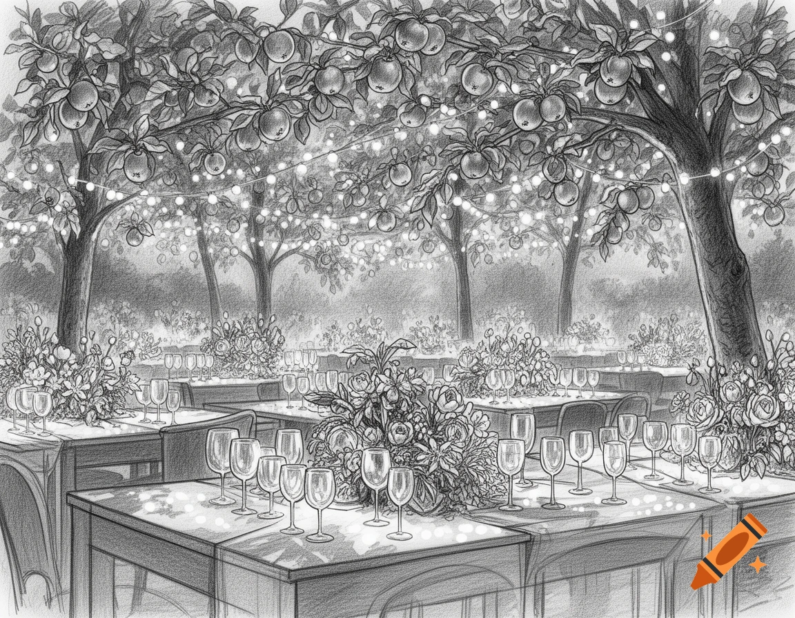 A black and white pencil drawing of an outdoor garden party with tables set with wine glasses, flowers, and string lights among apple trees.