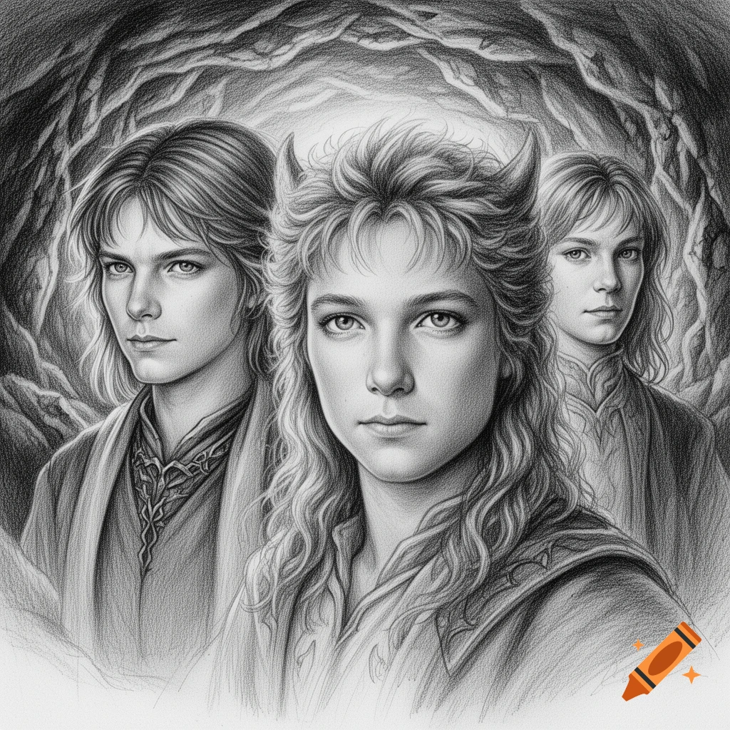 Black and white pencil drawing of three fantasy figures, one with small horns, emerging from a dark cave.