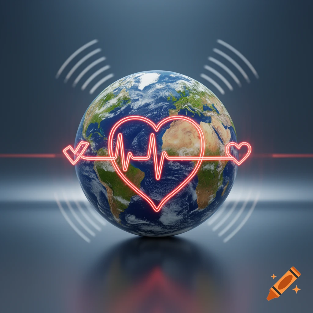 A conceptual 3D render of planet Earth encircled by a glowing red neon heart and ECG pulse line, with white signal waves.