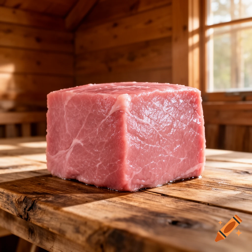 A large cube of raw pink meat on a rustic wooden table inside a sunlit cottage.