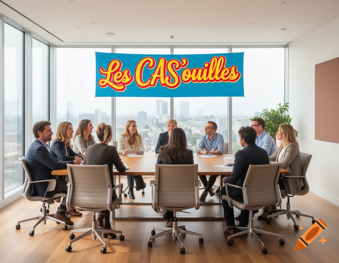 A group of professionals in a modern office meeting room with large windows, sitting around a conference table. A blue banner with text "Les CAS'ouilles" hangs behind them.