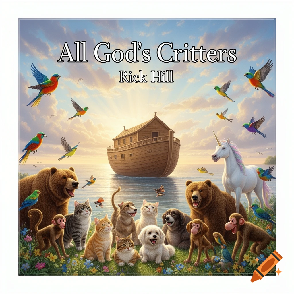 Colorful album cover for "All God's Critters" with Noah's Ark, diverse animals, and a unicorn under a bright sky.