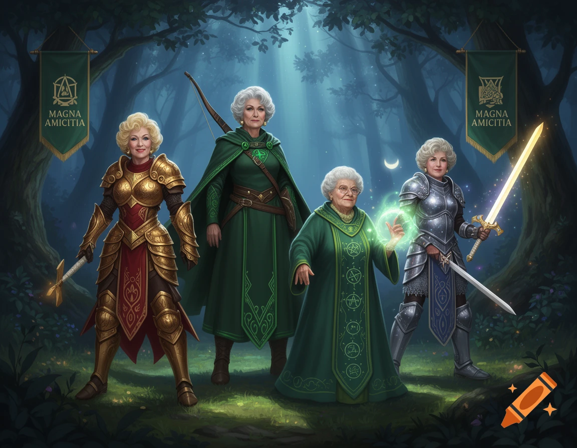 Four elderly women as Dungeons and Dragons characters (warriors, archer, mage) in a magical forest with glowing weapons and banners.
