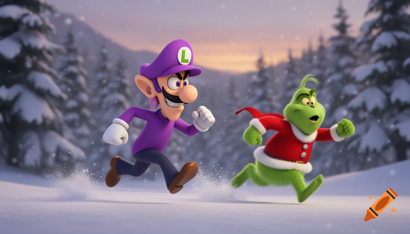 Waluigi with an 'L' on his hat, chases the Grinch through a snowy forest with falling snow in a cartoon style.